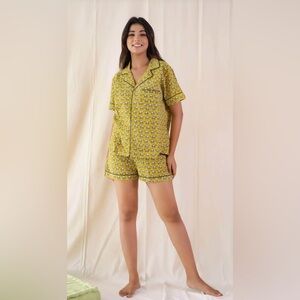 Keva Camel Print Pajama Set Women’s M Mustard Yellow Button Up Shorts